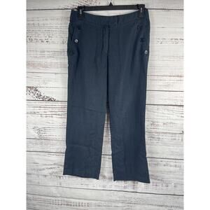 Jaeger Pants Women's 12 Navy Blue Linen Button Wide Leg Crop Trouser Lightweight